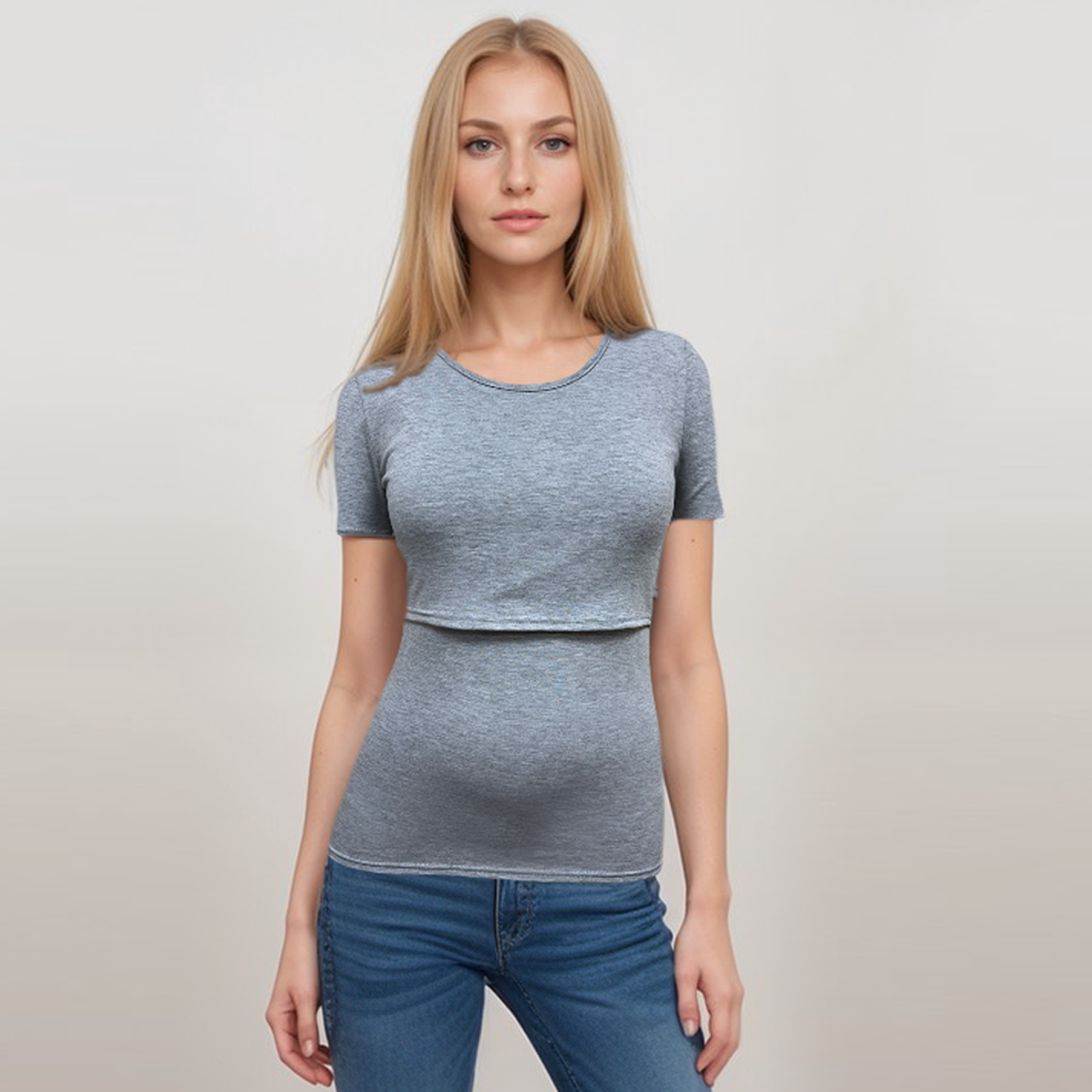 Top de lactancia de manga corta gris jaspeado
