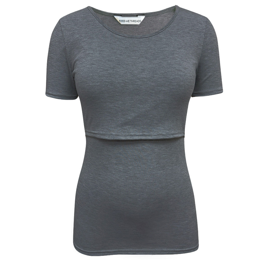 Top de lactancia de manga corta gris jaspeado