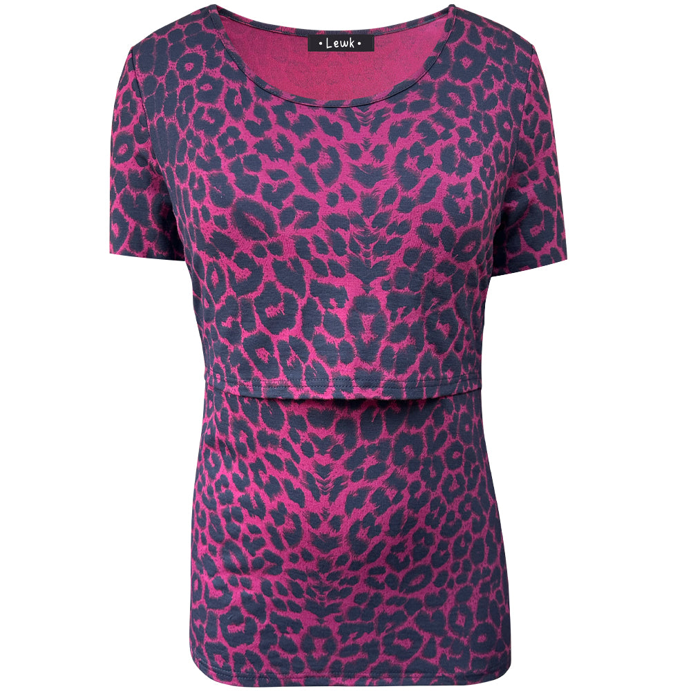 Top de lactancia de manga corta con estampado de leopardo rojo