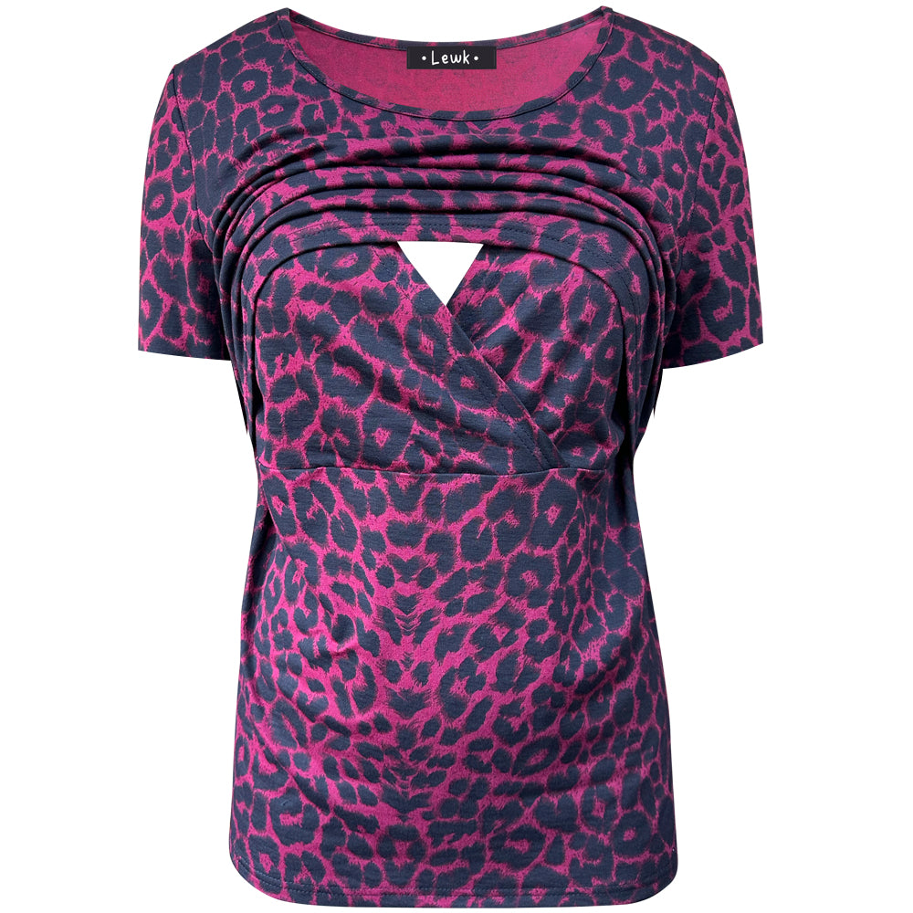 Top de lactancia de manga corta con estampado de leopardo rojo