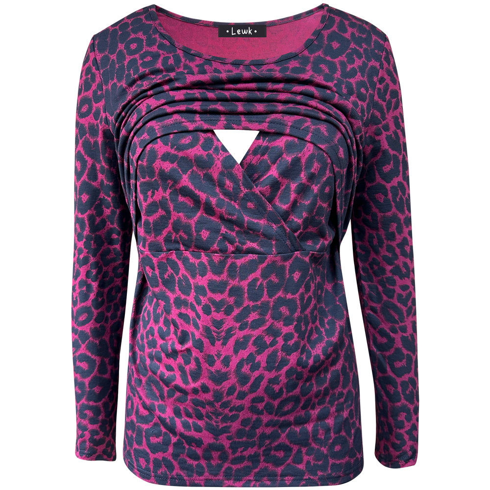 Top de lactancia de manga larga con estampado de leopardo rojo