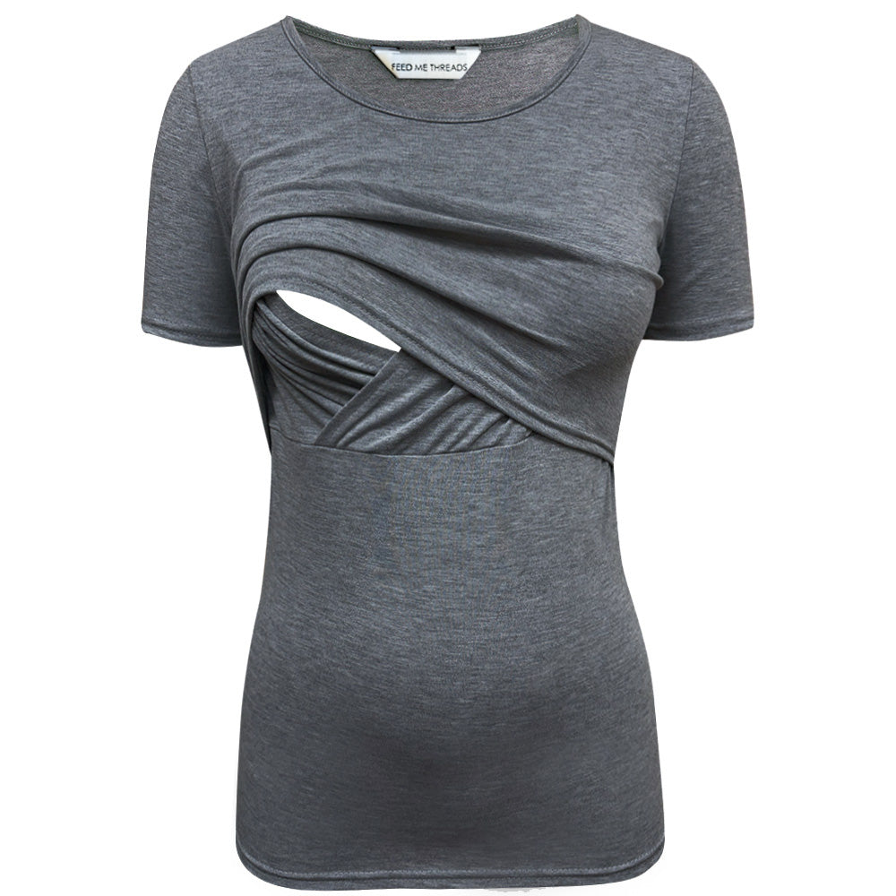 Top de lactancia de manga corta gris jaspeado