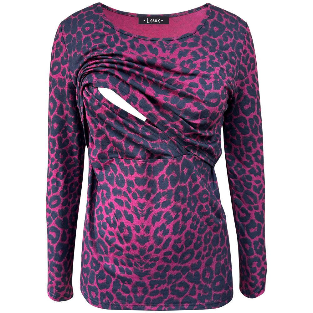Top de lactancia de manga larga con estampado de leopardo rojo