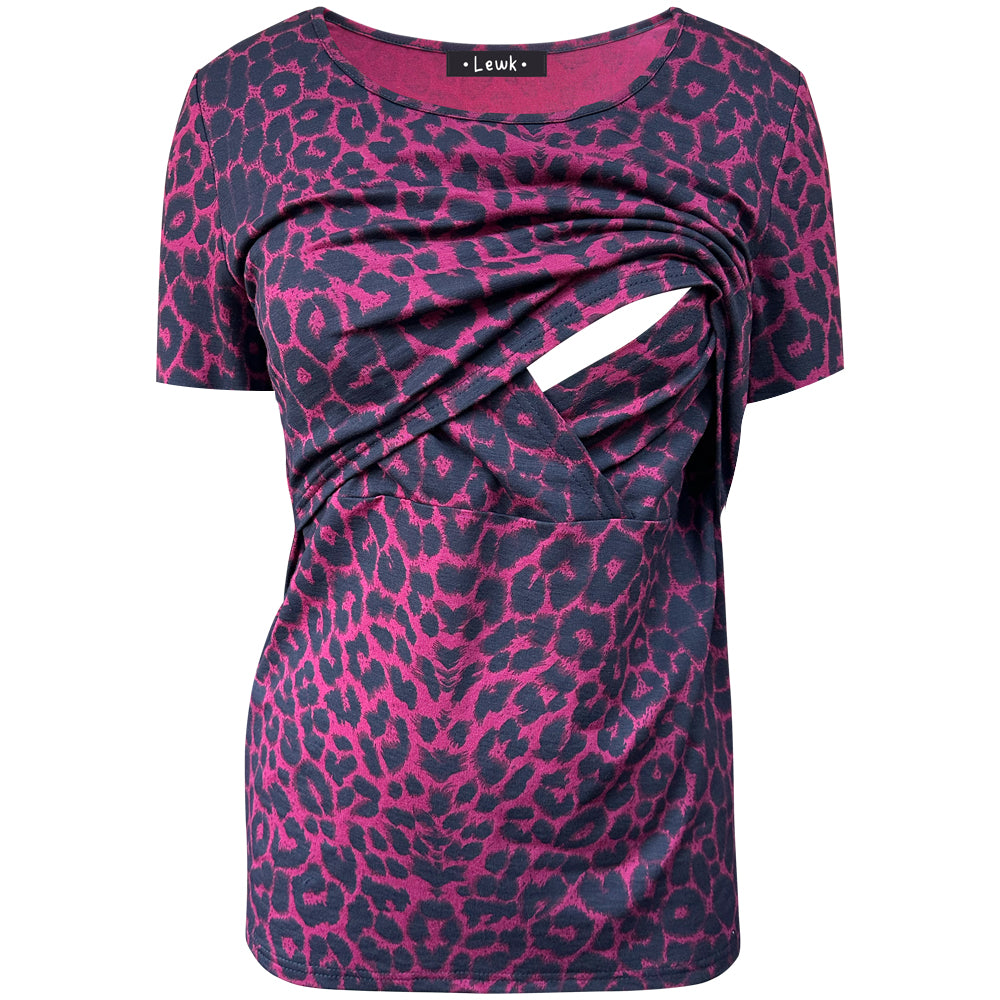 Top de lactancia de manga corta con estampado de leopardo rojo