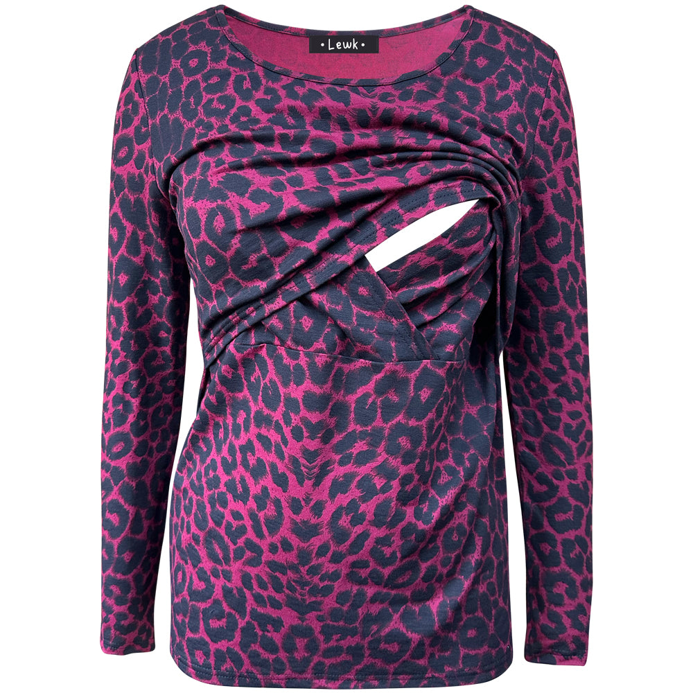 Top de lactancia de manga larga con estampado de leopardo rojo
