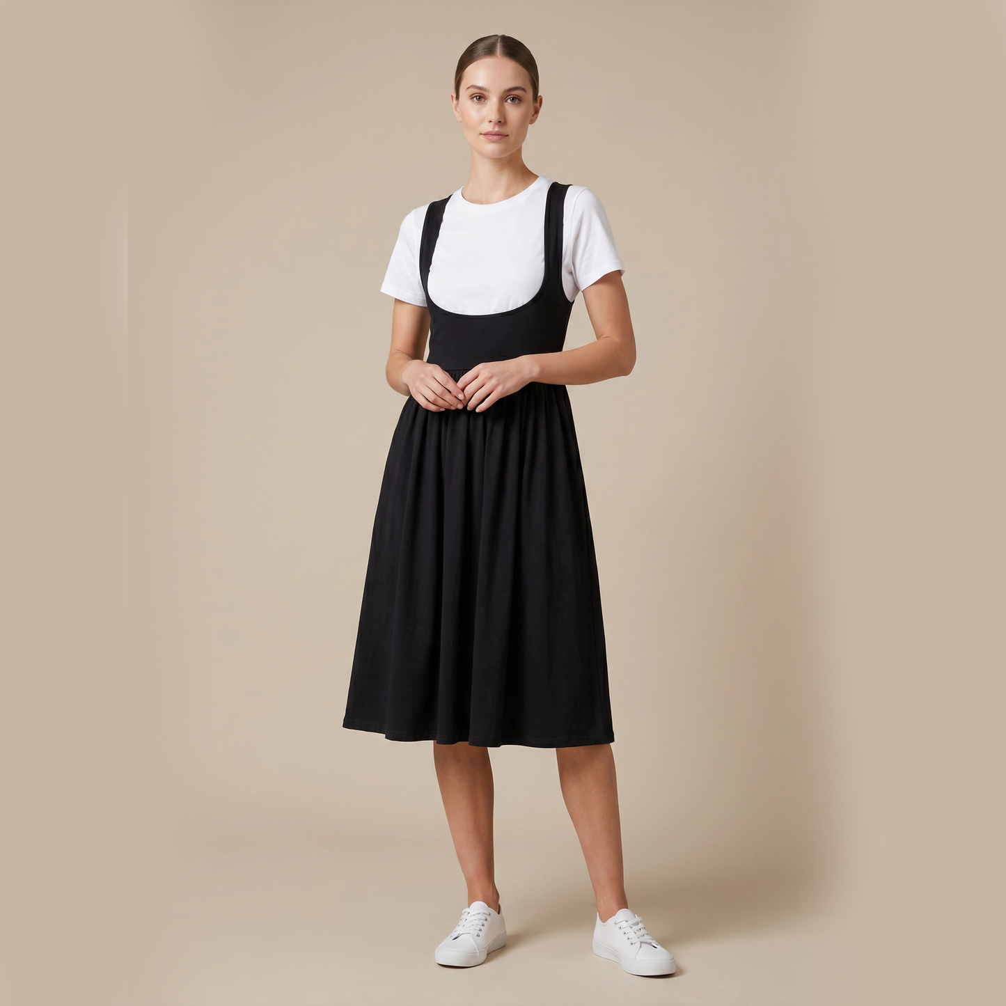 Underbust Nursing Gathered Midi Dress – Breastfeeding-Friendly Empire Waist Dress | Black
