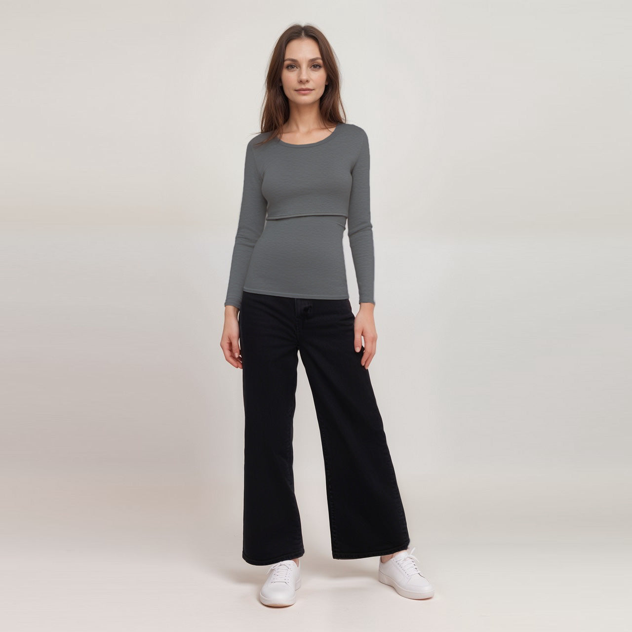 Top de lactancia de manga larga gris jaspeado