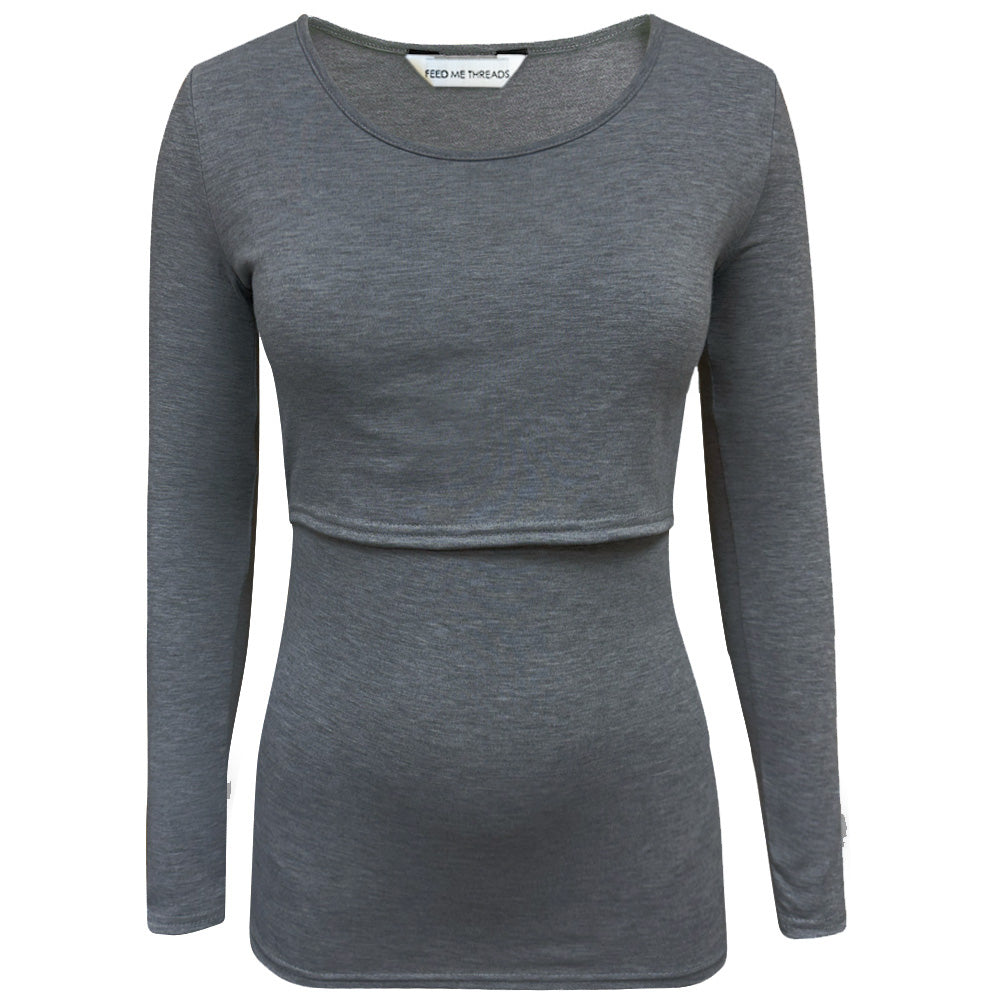 Top de lactancia de manga larga gris jaspeado
