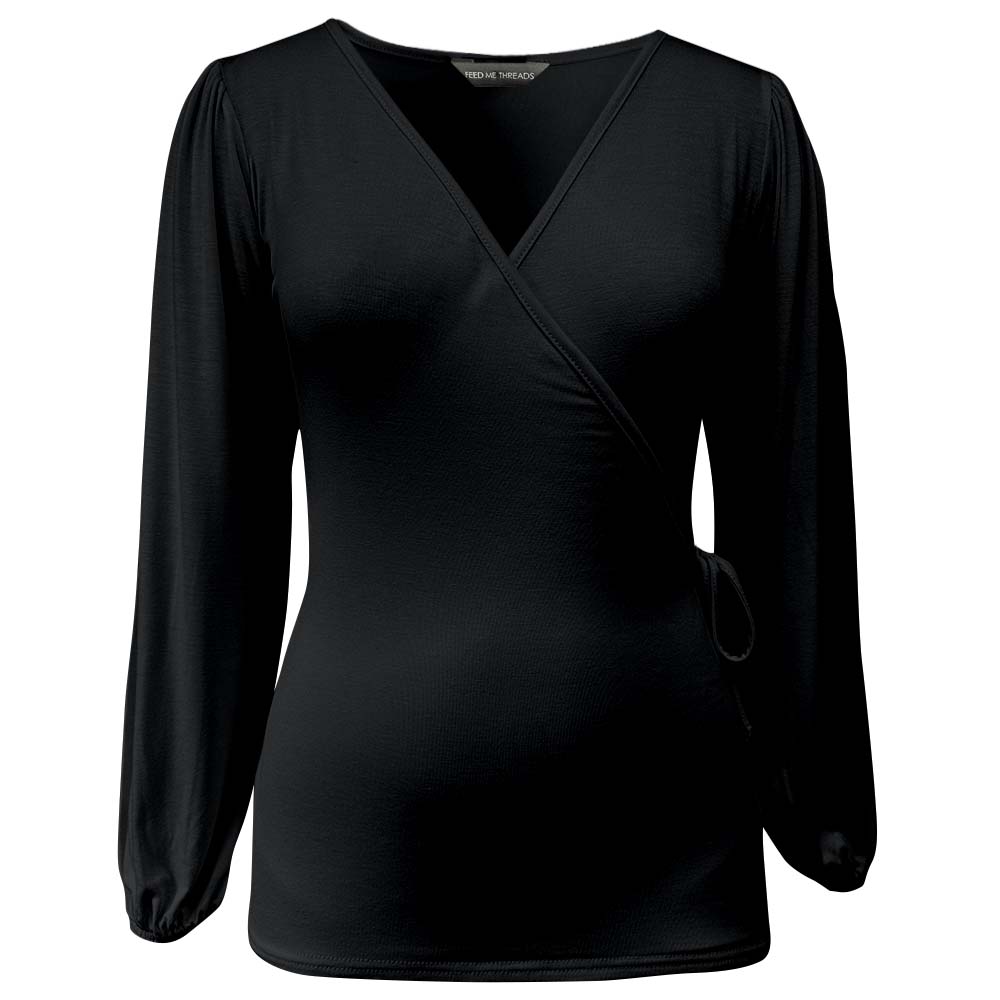 Top de lactancia de manga larga abullonada color negro