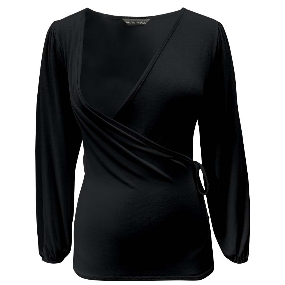 Top de lactancia de manga larga abullonada color negro