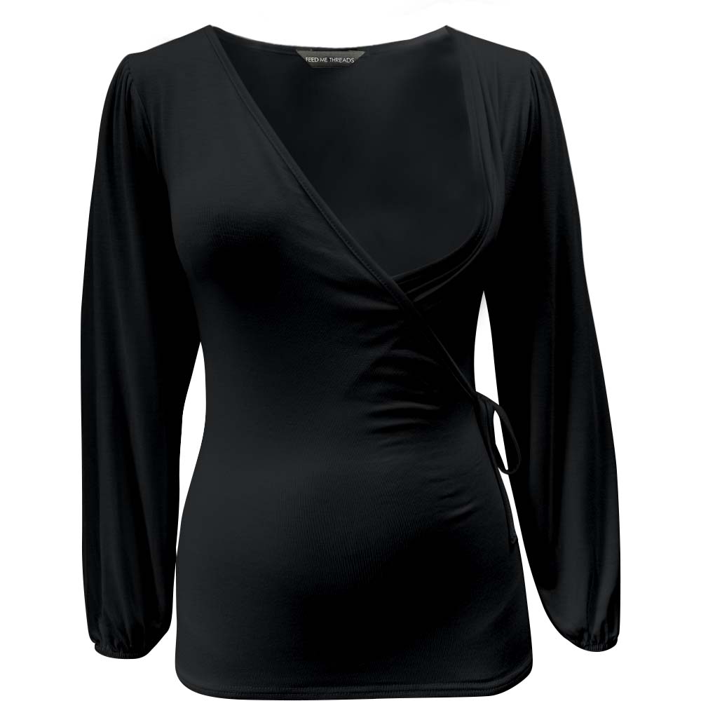 Top de lactancia de manga larga abullonada color negro