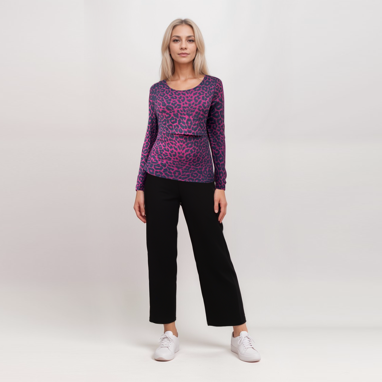 Top de lactancia de manga larga con estampado de leopardo rojo