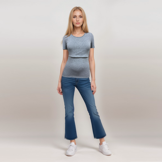 Top de lactancia de manga corta gris jaspeado