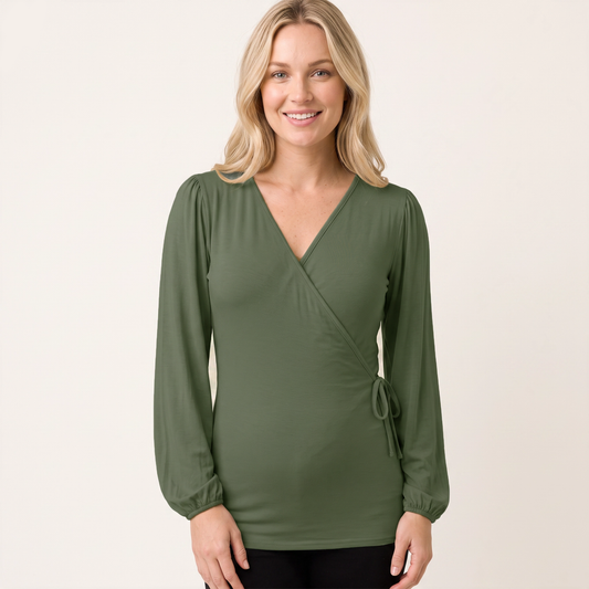 Khaki Puff Sleeve Long Sleeve Nursing Top