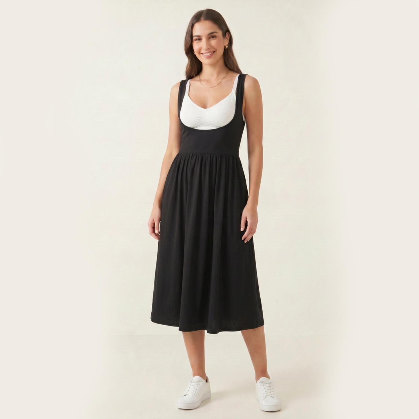 Underbust Nursing Gathered Midi Dress – Breastfeeding-Friendly Empire Waist Dress | Black