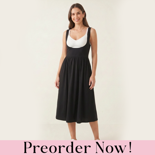 Preorder - Underbust Nursing Gathered Midi Dress – Breastfeeding-Friendly Empire Waist Dress | Black