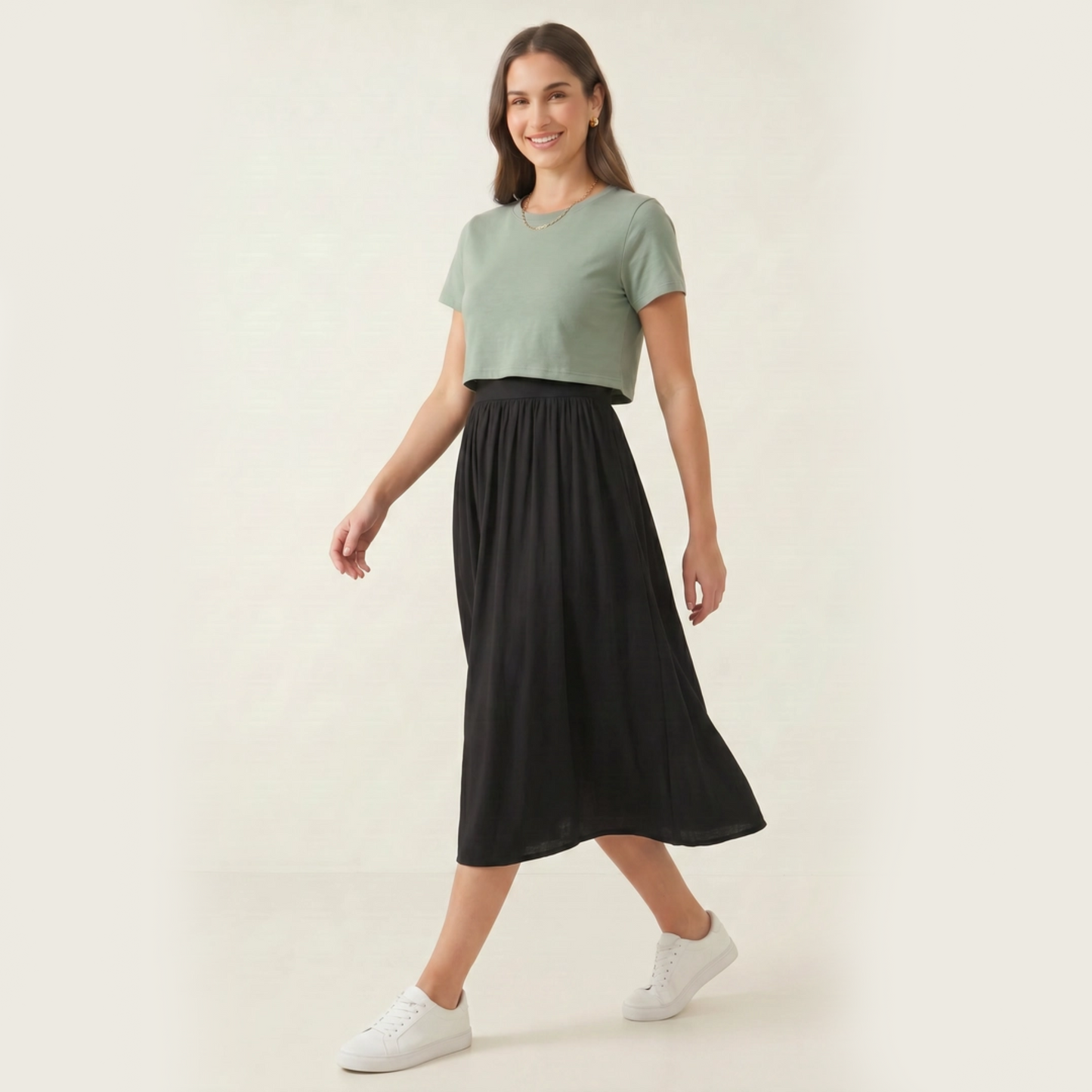 Underbust Nursing Gathered Midi Dress – Breastfeeding-Friendly Empire Waist Dress | Black