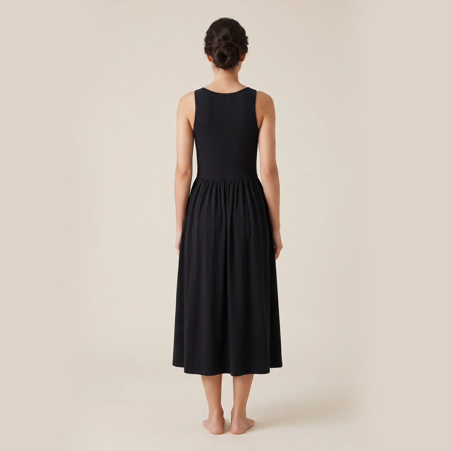 Underbust Nursing Gathered Midi Dress – Breastfeeding-Friendly Empire Waist Dress | Black
