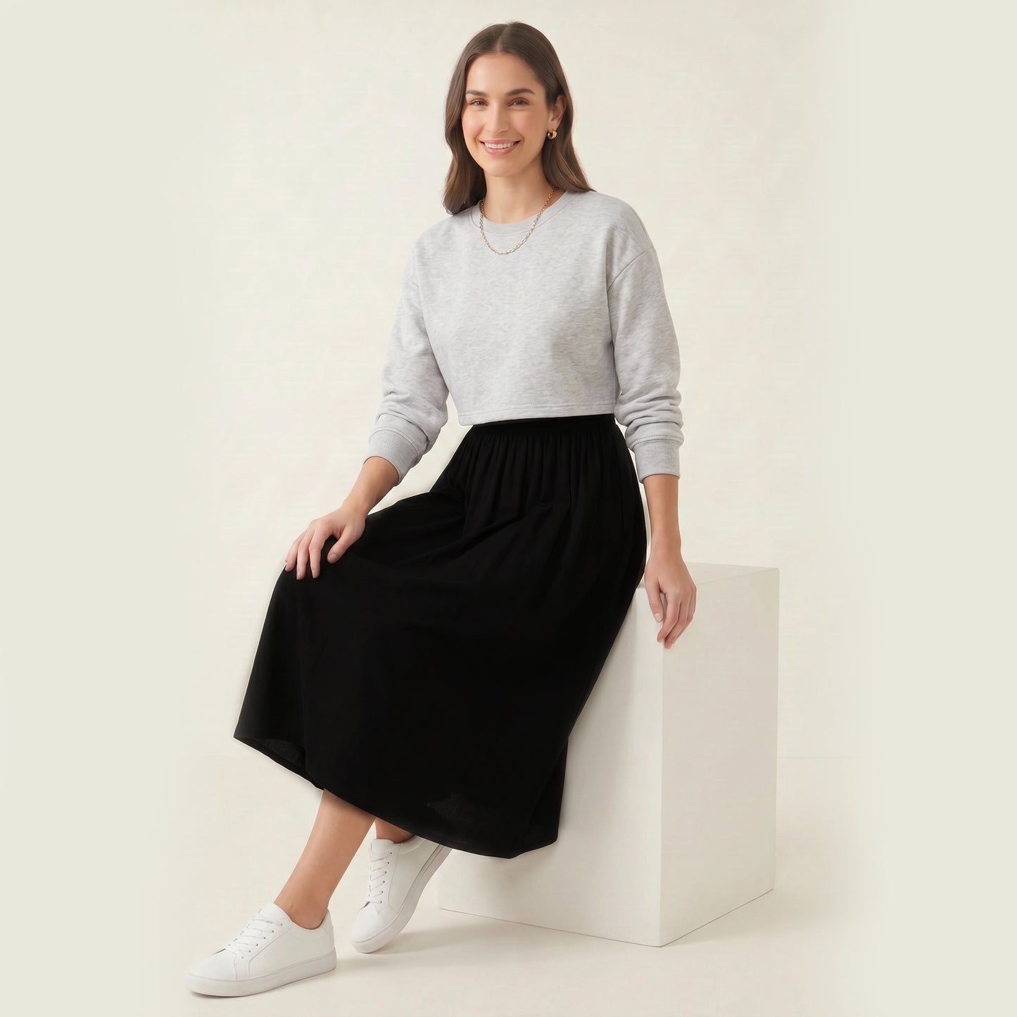 Underbust Nursing Gathered Midi Dress – Breastfeeding-Friendly Empire Waist Dress | Black