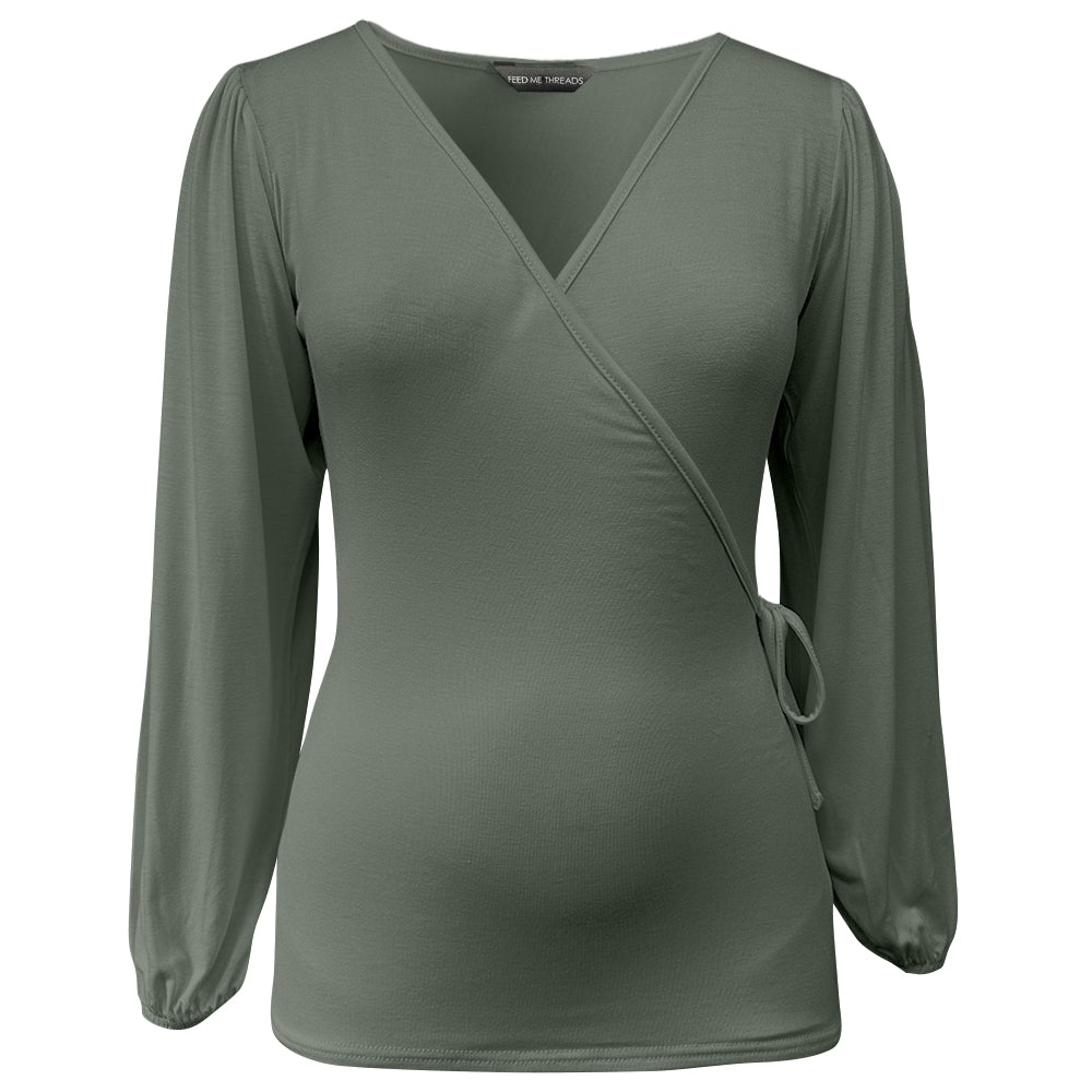 Khaki Puff Sleeve Long Sleeve Nursing Top