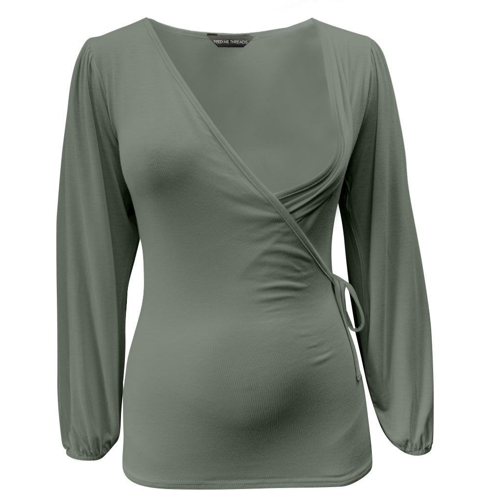 Khaki Puff Sleeve Long Sleeve Nursing Top