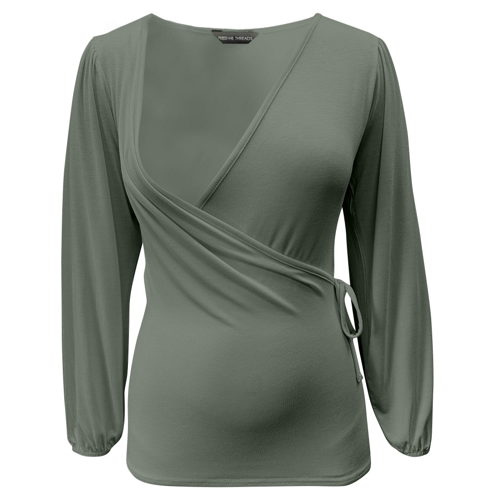Khaki Puff Sleeve Long Sleeve Nursing Top