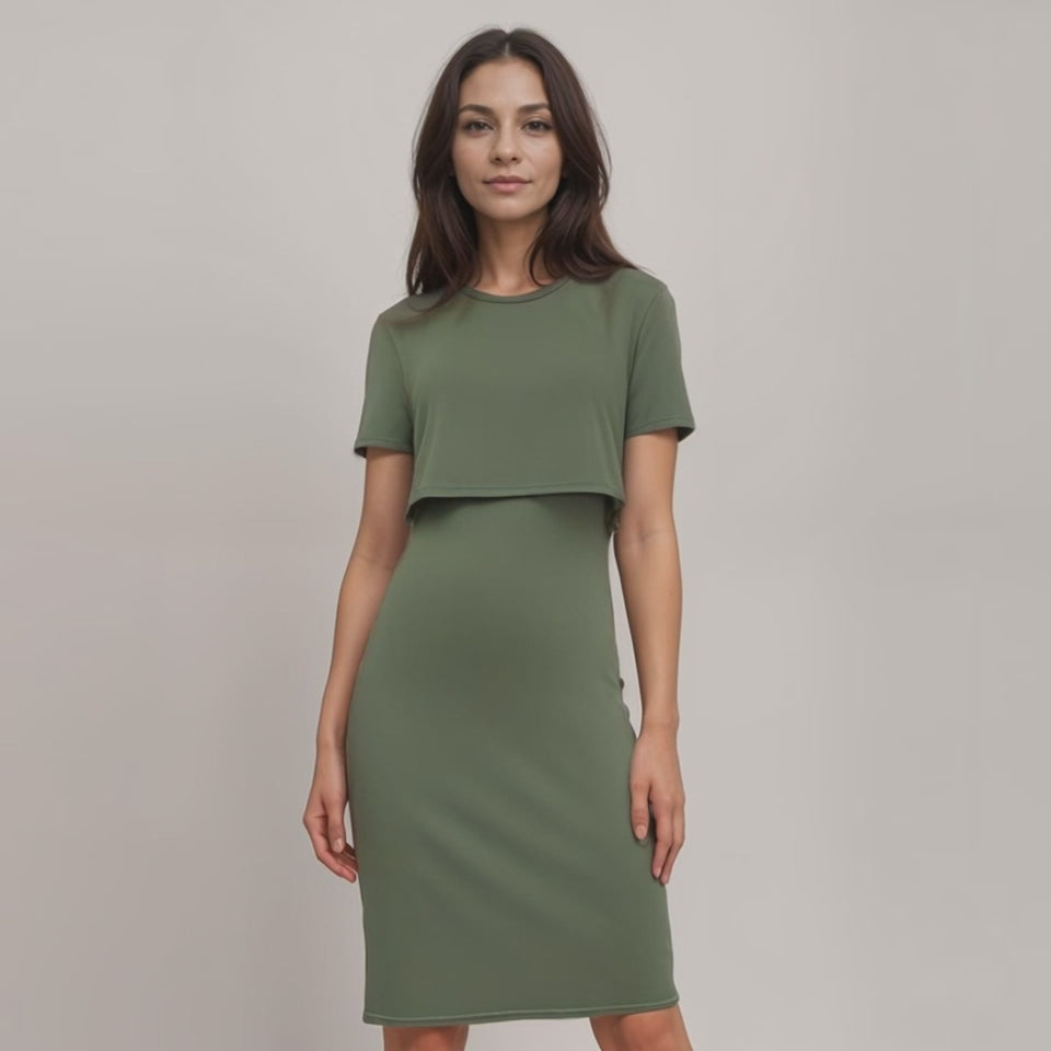Video for Khaki Short Sleeve Nursing Dress