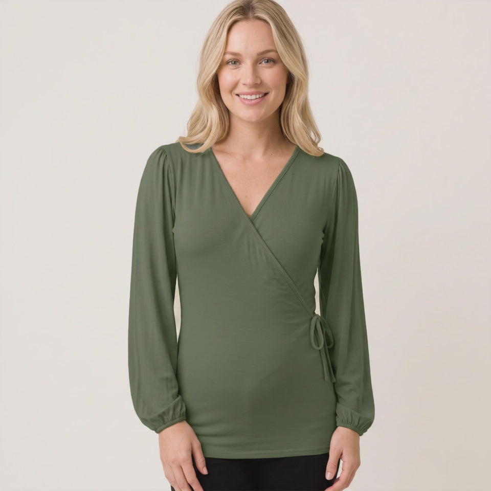 Video for Khaki Puff Sleeve Long Sleeve Nursing Top